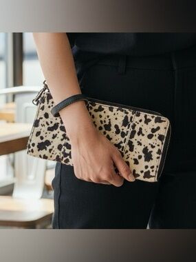 MYRA BAG Cowhide Hair On Hide Wristlet Wallet Brown Ivory Spotted Western Boho